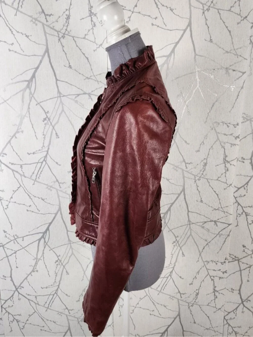 Kenna T Dark Red Leather Full Zip Ruffle Moto Jacket